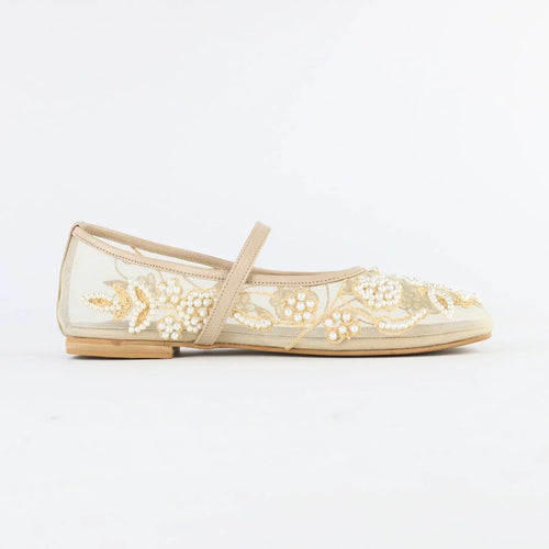 Beige flat shoe with floral embroidery on a white background
