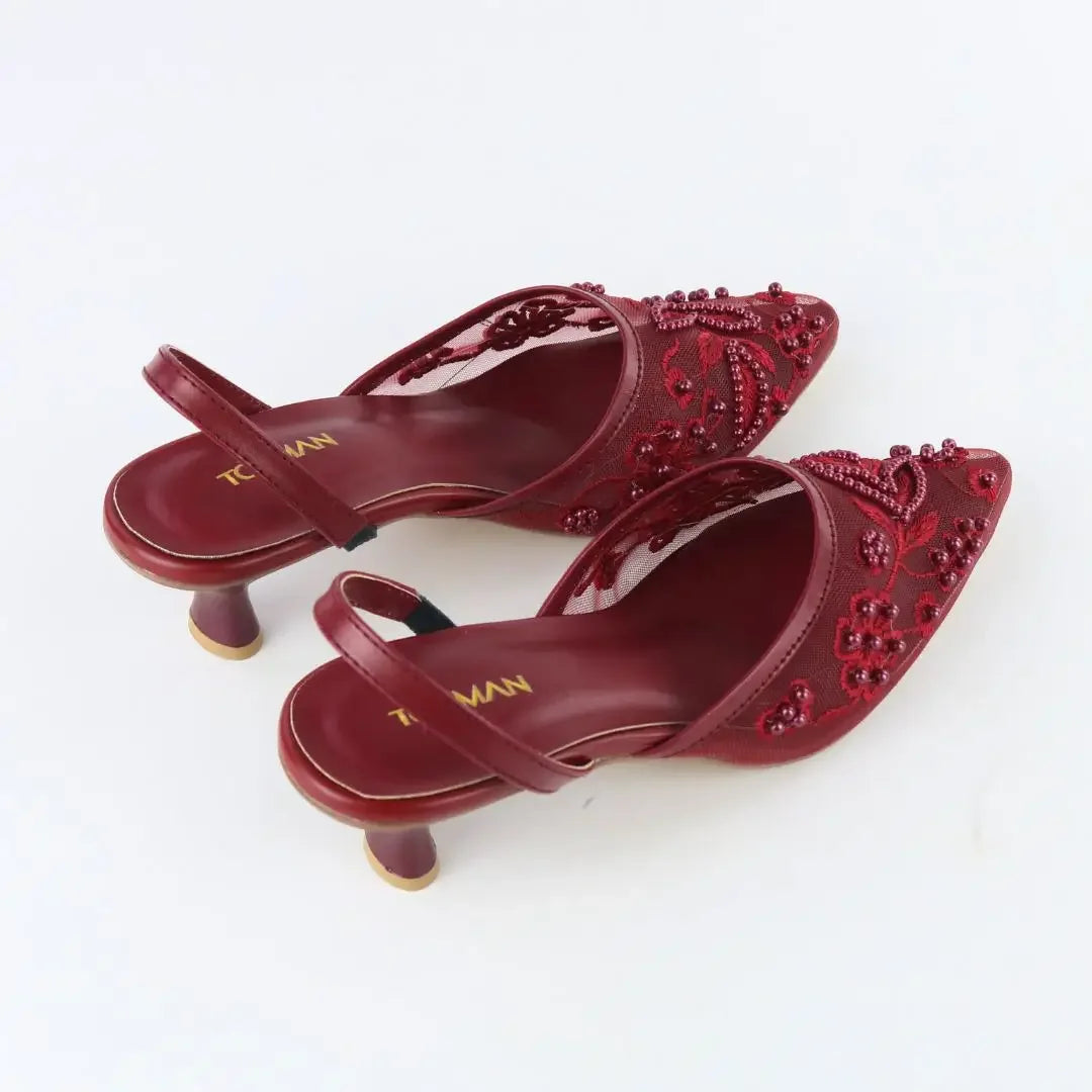 Red Embroidered Heels