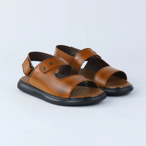 Pair of brown sandals on a light gray background