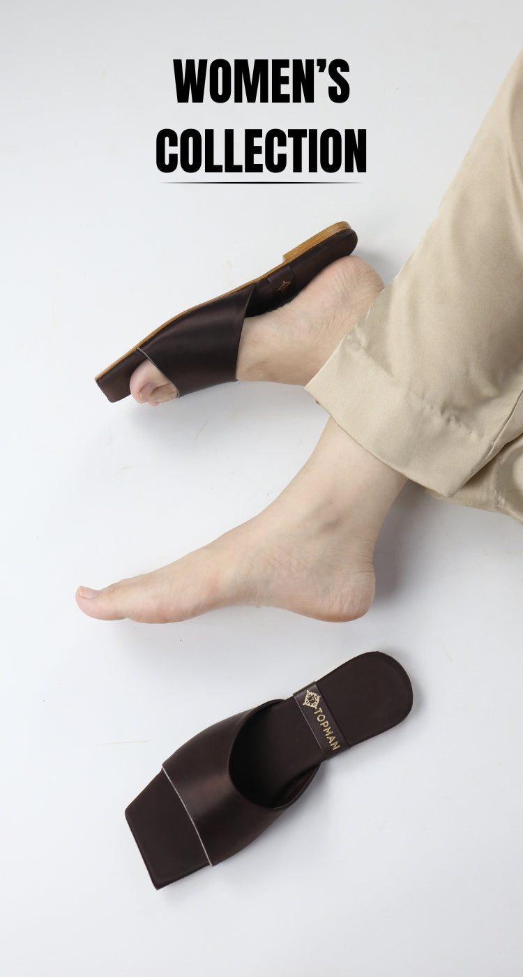 Brown women's slipper with packaging on a white background, labeled 'Women's Collection-Topman shoes